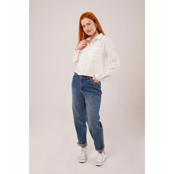 Tek Cepli Bej Çizgili Gömlek