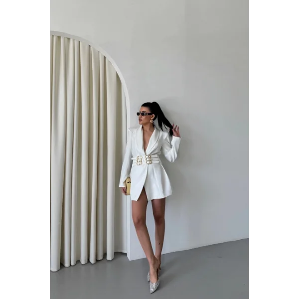 TEK DÜĞME CEKET 3 TOKALI KEMER SÜSLÜ - Beyaz