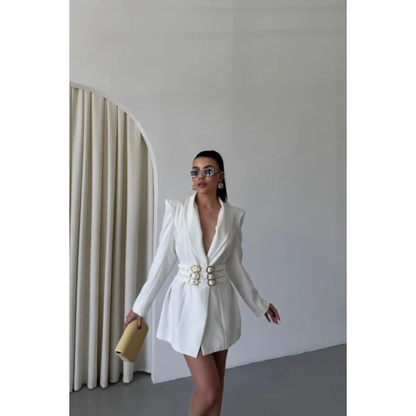 TEK DÜĞME CEKET 3 TOKALI KEMER SÜSLÜ - Beyaz