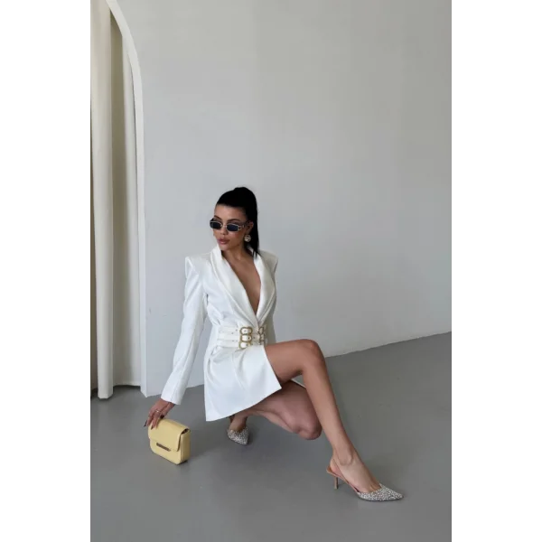 TEK DÜĞME CEKET 3 TOKALI KEMER SÜSLÜ - Beyaz