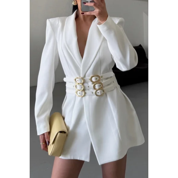 TEK DÜĞME CEKET 3 TOKALI KEMER SÜSLÜ - Beyaz