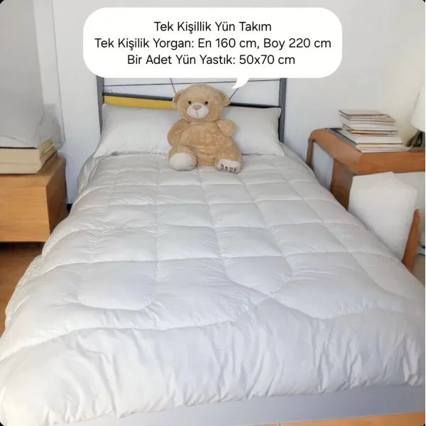 Tek Kişilik Doğal Yün Yorgan ve Yastık Takımı - Beyaz