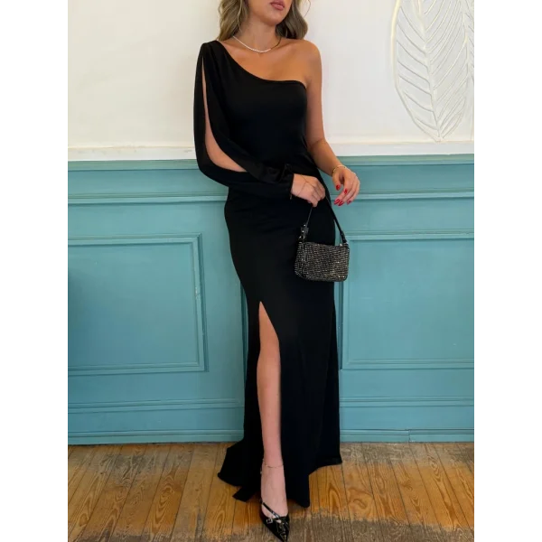 Tek Omuz Açık Derin Yırtmaçlı Krep Tam Boy Elbise