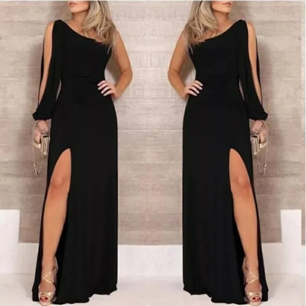 Tek Omuz Açık Derin Yırtmaçlı Krep Tam Boy Elbise