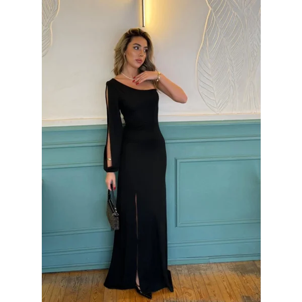 Tek Omuz Açık Derin Yırtmaçlı Krep Tam Boy Elbise