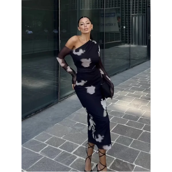 Tek Omuz asimetrik Desenli Uzun Şifon Elbise - Siyah