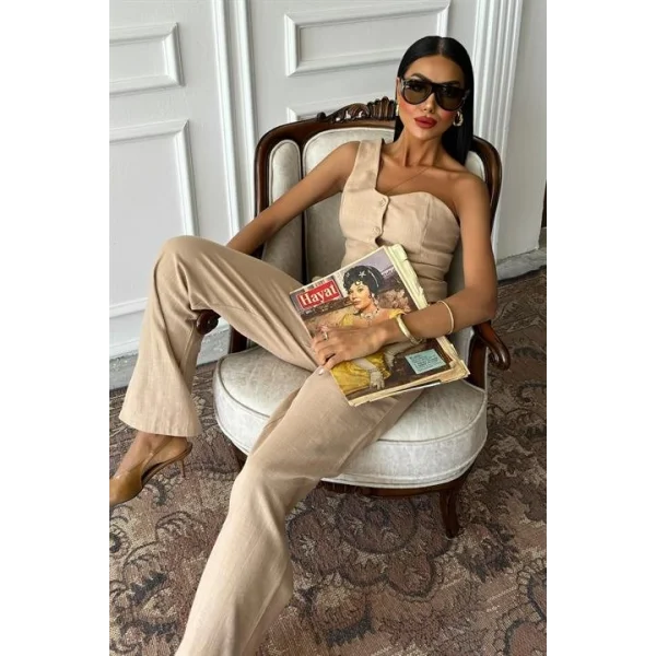 Tek Omuz Büstiyer Plazzo Pantolon Viscon Takım 10159