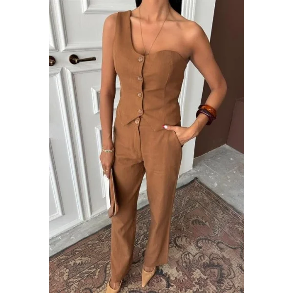 Tek Omuz Büstiyer Plazzo Pantolon Viscon Takım 10159