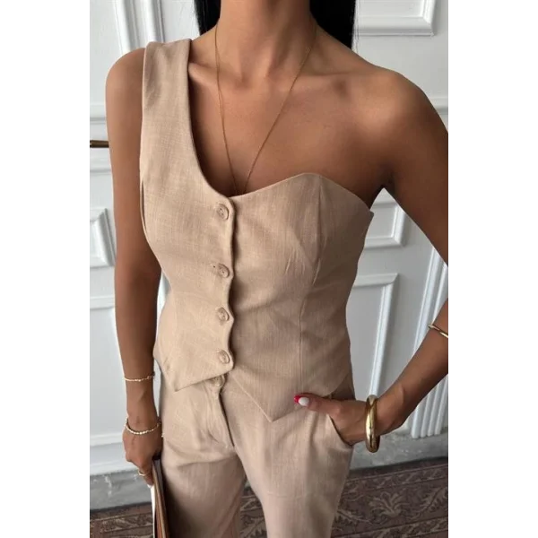 Tek Omuz Büstiyer Plazzo Pantolon Viscon Takım 10159