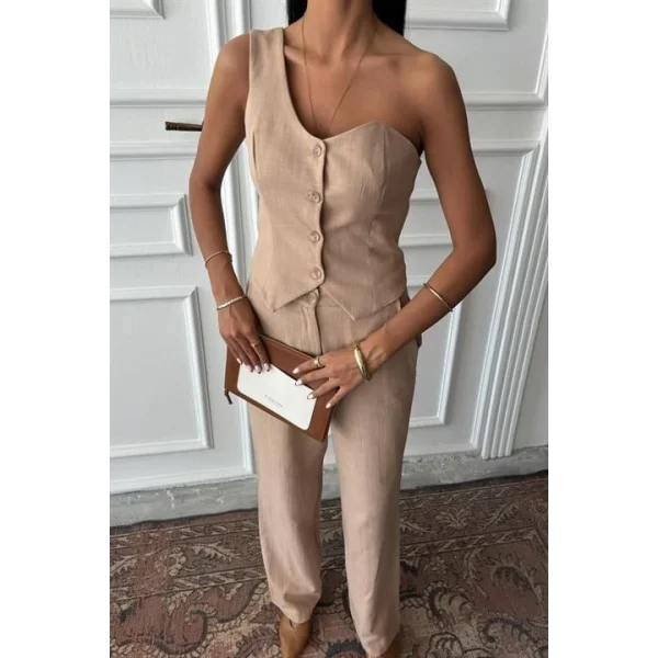 Tek Omuz Büstiyer Plazzo Pantolon Viscon Takım 10159