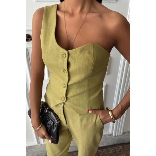 Tek Omuz Büstiyer Plazzo Pantolon Viscon Takım 10159