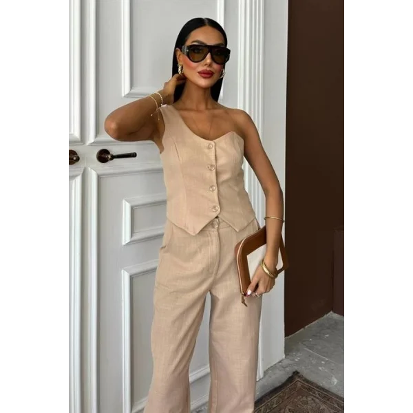Tek Omuz Büstiyer Plazzo Pantolon Viscon Takım 10159