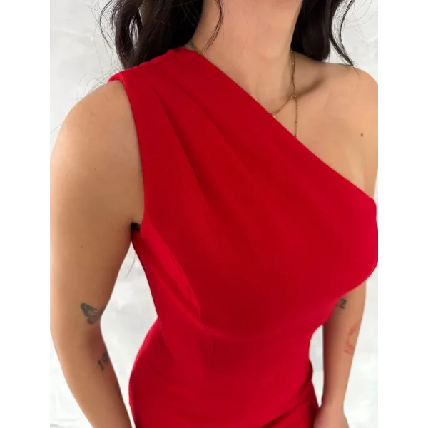 Tek Omuzlu Kolsuz Mini Boy Elbise - Kırmızı