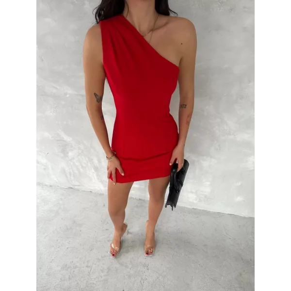 Tek Omuzlu Kolsuz Mini Boy Elbise - Kırmızı