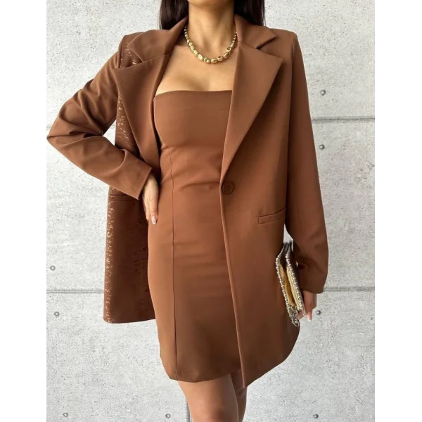 TEK TARAFI VARAK CEKET - KISA ELBİSE TAKIM - Kahverengi