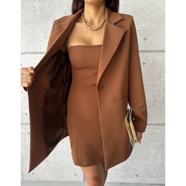 TEK TARAFI VARAK CEKET - KISA ELBİSE TAKIM - Kahverengi