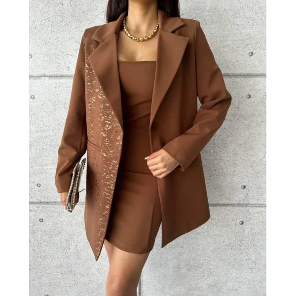 TEK TARAFI VARAK CEKET - KISA ELBİSE TAKIM - Kahverengi