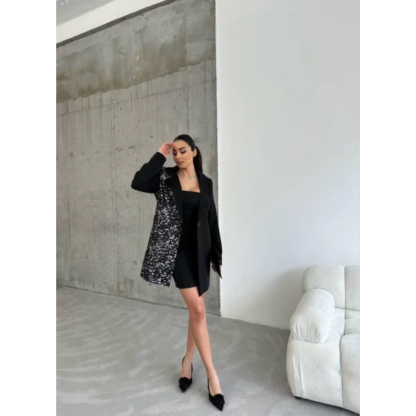 TEK TARAFI VARAK CEKET - KISA ELBİSE TAKIM - Siyah