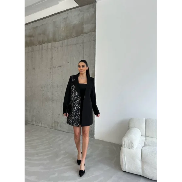 TEK TARAFI VARAK CEKET - KISA ELBİSE TAKIM - Siyah