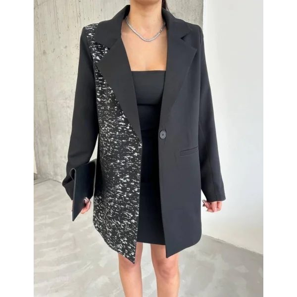 TEK TARAFI VARAK CEKET - KISA ELBİSE TAKIM - Siyah