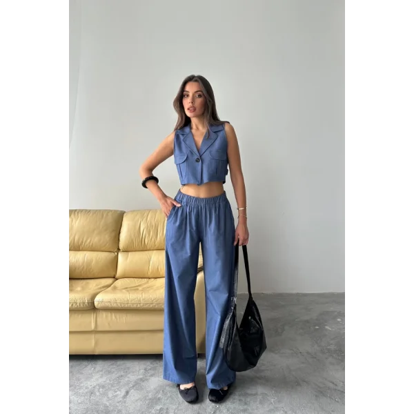 TENCEL CROP KOLSUZ GÖMLEK - PANTOLON TAKIM - İndigo