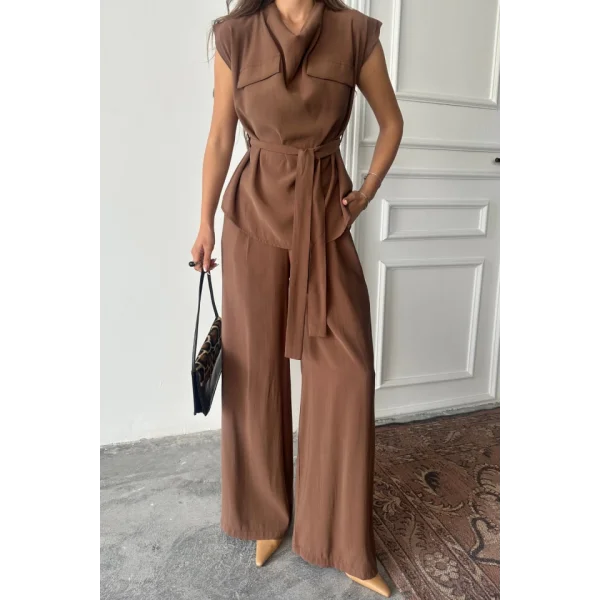 TENCEL MODAL KOLSUZ BLUZ KAPALI CEP DETAYLI DÖKÜMLÜ - PANTOLON TAKIM - Kahverengi