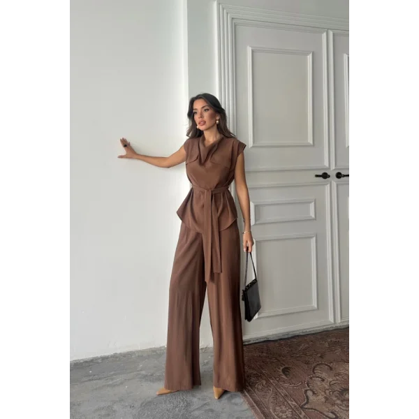 TENCEL MODAL KOLSUZ BLUZ KAPALI CEP DETAYLI DÖKÜMLÜ - PANTOLON TAKIM - Kahverengi