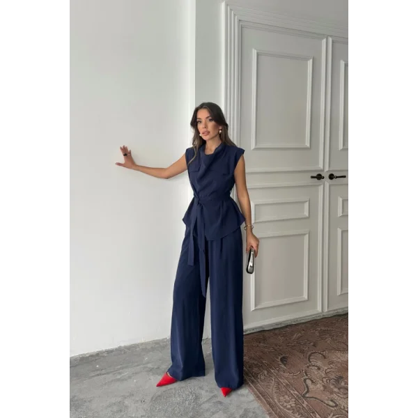 TENCEL MODAL KOLSUZ BLUZ KAPALI CEP DETAYLI DÖKÜMLÜ - PANTOLON TAKIM - Lacivert