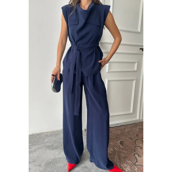TENCEL MODAL KOLSUZ BLUZ KAPALI CEP DETAYLI DÖKÜMLÜ - PANTOLON TAKIM - Lacivert
