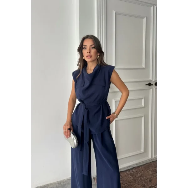 TENCEL MODAL KOLSUZ BLUZ KAPALI CEP DETAYLI DÖKÜMLÜ - PANTOLON TAKIM - Lacivert