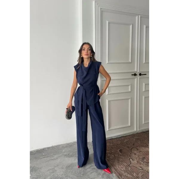 TENCEL MODAL KOLSUZ BLUZ KAPALI CEP DETAYLI DÖKÜMLÜ - PANTOLON TAKIM - Lacivert