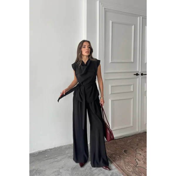 TENCEL MODAL KOLSUZ BLUZ KAPALI CEP DETAYLI DÖKÜMLÜ - PANTOLON TAKIM - Siyah