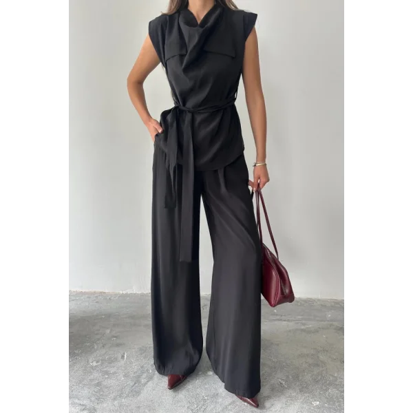 TENCEL MODAL KOLSUZ BLUZ KAPALI CEP DETAYLI DÖKÜMLÜ - PANTOLON TAKIM - Siyah