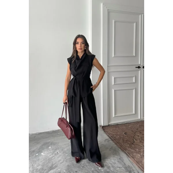 TENCEL MODAL KOLSUZ BLUZ KAPALI CEP DETAYLI DÖKÜMLÜ - PANTOLON TAKIM - Siyah