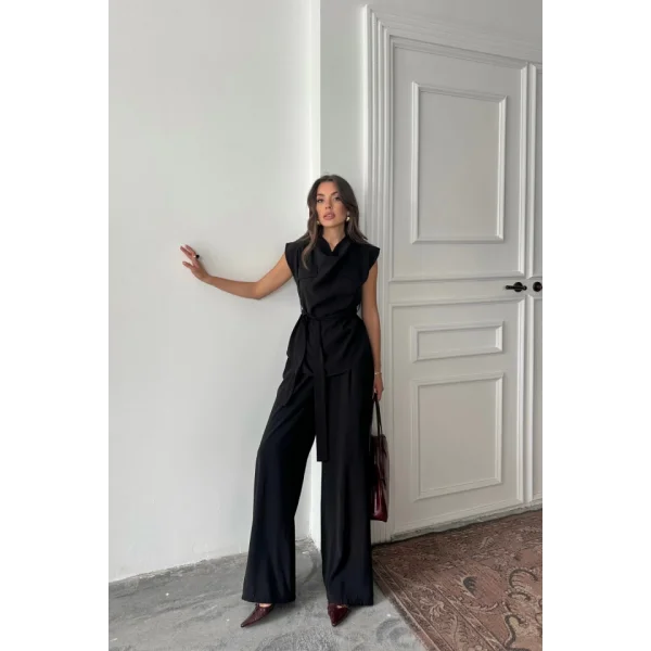 TENCEL MODAL KOLSUZ BLUZ KAPALI CEP DETAYLI DÖKÜMLÜ - PANTOLON TAKIM - Siyah