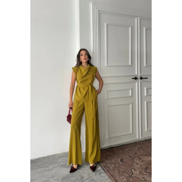 TENCEL MODAL KOLSUZ BLUZ KAPALI CEP DETAYLI DÖKÜMLÜ - PANTOLON TAKIM - Yağ Yeşili