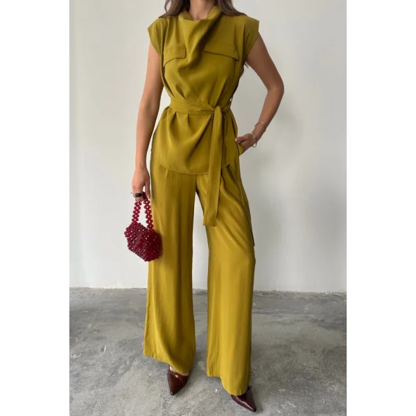 TENCEL MODAL KOLSUZ BLUZ KAPALI CEP DETAYLI DÖKÜMLÜ - PANTOLON TAKIM - Yağ Yeşili