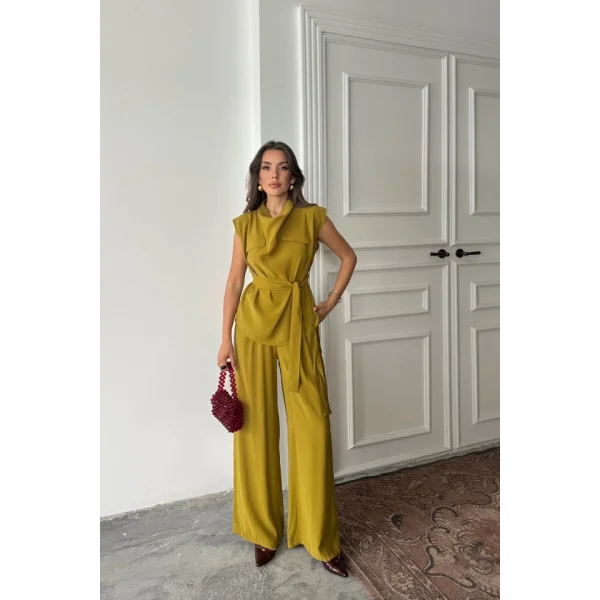 TENCEL MODAL KOLSUZ BLUZ KAPALI CEP DETAYLI DÖKÜMLÜ - PANTOLON TAKIM - Yağ Yeşili