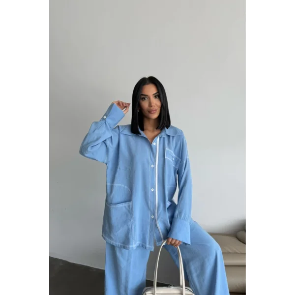 TENCEL TASARIM GÖMLEK-PANTOLON TAKIM - Mavi