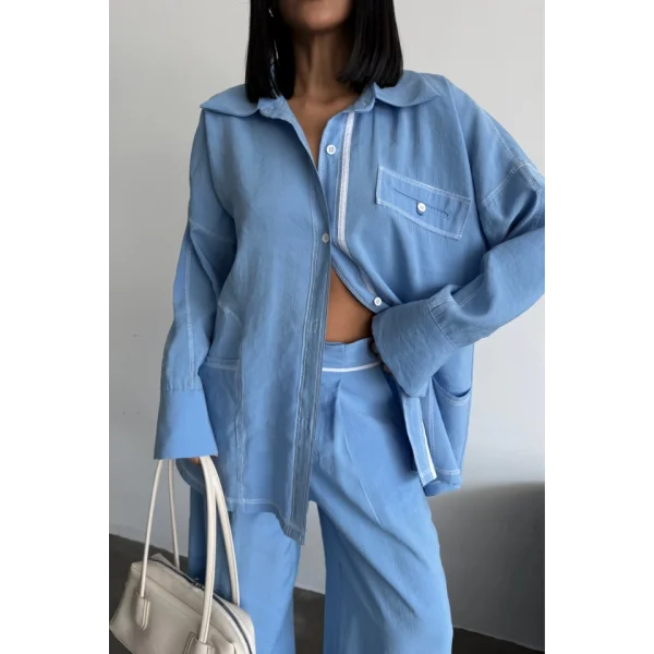 TENCEL TASARIM GÖMLEK-PANTOLON TAKIM - Mavi