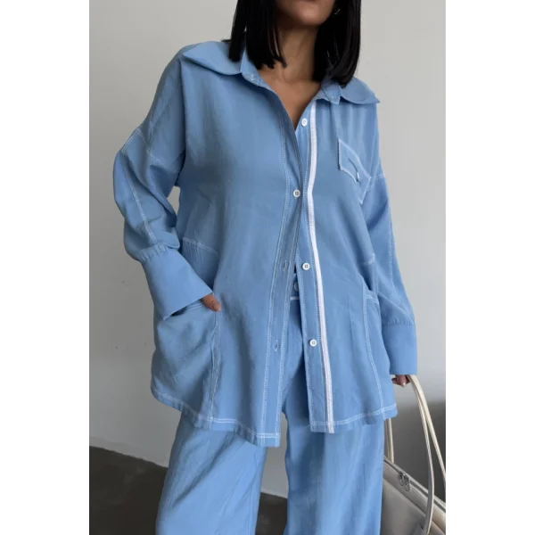 TENCEL TASARIM GÖMLEK-PANTOLON TAKIM - Mavi