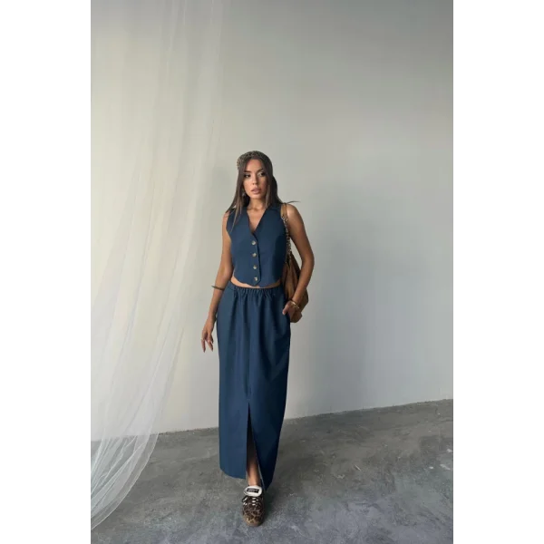 TENCEL YELEK - YIRTMAÇLI ETEK TAKIM - İndigo