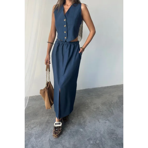 TENCEL YELEK - YIRTMAÇLI ETEK TAKIM - İndigo