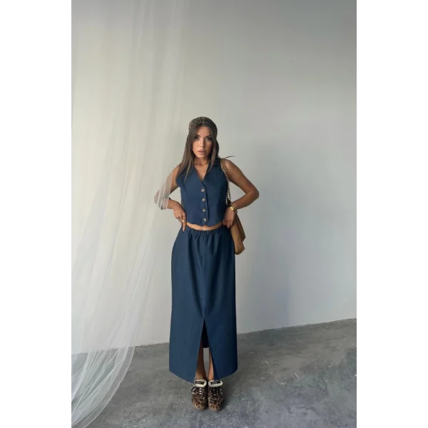 TENCEL YELEK - YIRTMAÇLI ETEK TAKIM - İndigo