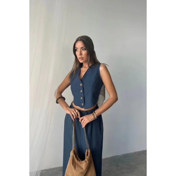 TENCEL YELEK - YIRTMAÇLI ETEK TAKIM - İndigo