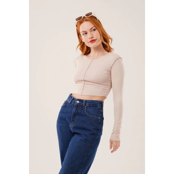 Ters Dikişli Basic Krem Body Bluz