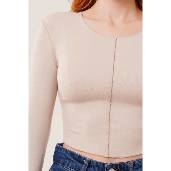 Ters Dikişli Basic Krem Body Bluz