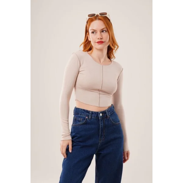 Ters Dikişli Basic Krem Body Bluz