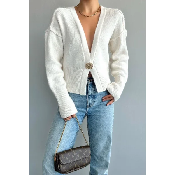 Ters Dikişli Tek Düğmeli Hırka  Krem