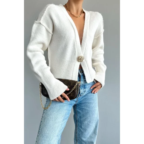 Ters Dikişli Tek Düğmeli Hırka  Krem